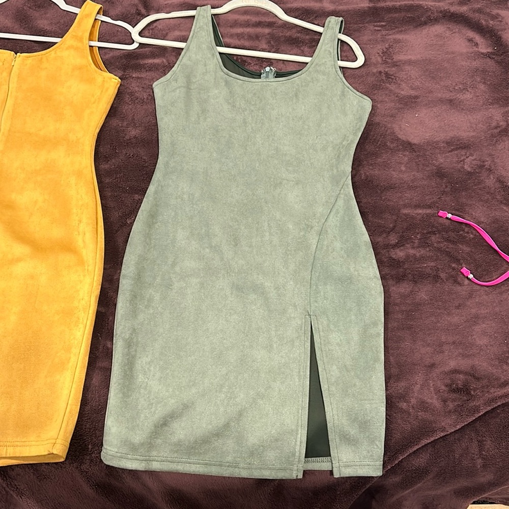 Suede cocktail dress in mustard and army green